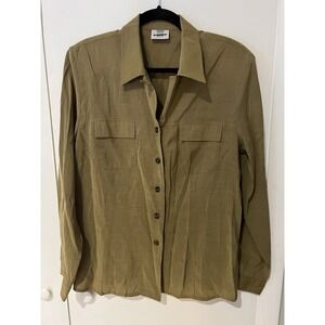 HUCKE Women's Size US 14 Olive Green Blouse Button Up With Shoulder Pads